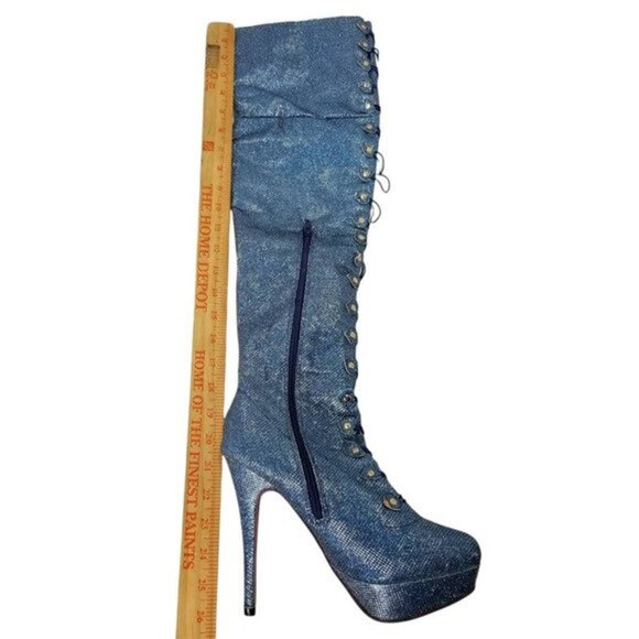 Ami Clubwear Metallic Blue Glitter Knee-High Platform Heel Boots Sparkle Size 9 - Picture 5 of 12